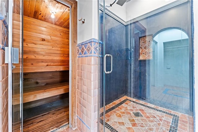 11431 Clybourn Ave, Lakeview Terrace, CA 91342 - full bathroom with wood ceiling, a sauna, and a stall shower