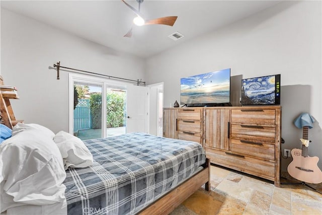 11431 Clybourn Ave, Lakeview Terrace, CA 91342 - bedroom featuring stone finish flooring, access to outside, a ceiling fan, and visible vents