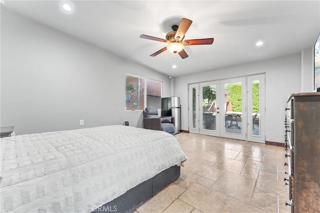 bedroom with french doors, access to outside, stainless steel refrigerator, and ceiling fan