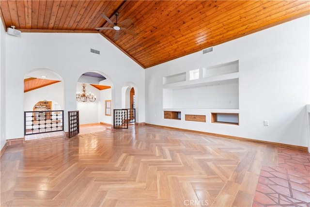 unfurnished living room featuring high vaulted ceiling, ceiling fan with notable chandelier, built in features, parquet flooring, and wood ceiling