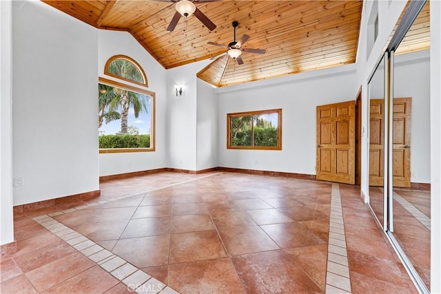 spare room with high vaulted ceiling, ceiling fan, a healthy amount of sunlight, and wood ceiling