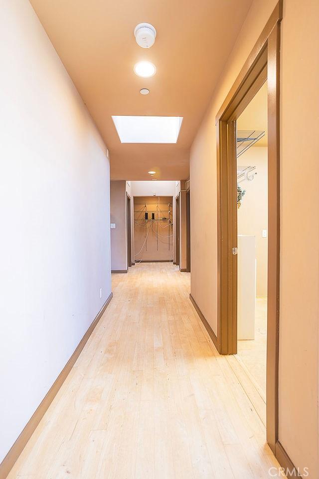 hall featuring light wood finished floors and a skylight