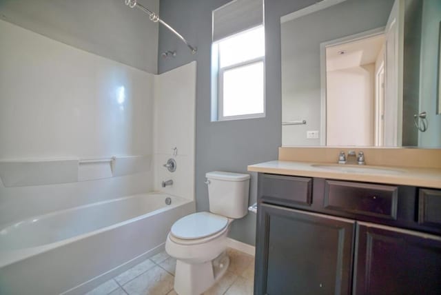 full bathroom with toilet, shower / bathtub combination, tile patterned floors, and vanity