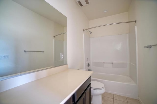 full bathroom with toilet, vanity, shower / bathtub combination, and tile patterned floors