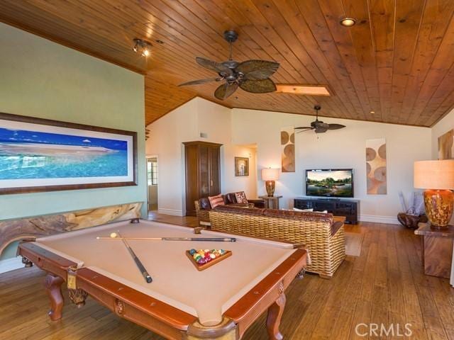 playroom featuring ceiling fan, wood-type flooring, wood ceiling, and billiards