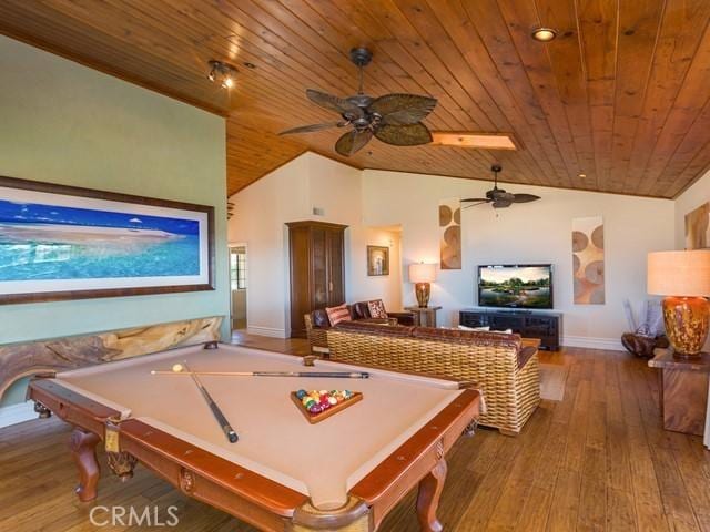 44665 La Cruz Dr, Temecula, CA 92590 - rec room featuring lofted ceiling, wooden ceiling, billiards table, a ceiling fan, and hardwood / wood-style floors