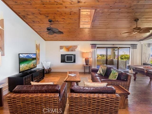 living room featuring a skylight, billiards, wood ceiling, and hardwood / wood-style flooring