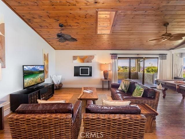 44665 La Cruz Dr, Temecula, CA 92590 - living area with a ceiling fan, wood ceiling, lofted ceiling, and wood finished floors