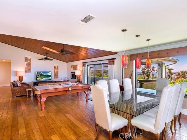 44665 La Cruz Dr, Temecula, CA 92590 - dining room with hardwood / wood-style floors, lofted ceiling, and billiards table