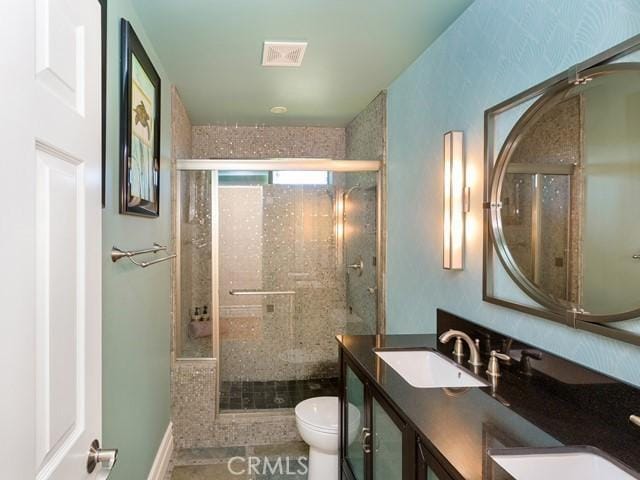 44665 La Cruz Dr, Temecula, CA 92590 - bathroom with a shower stall, double vanity, and tile patterned flooring