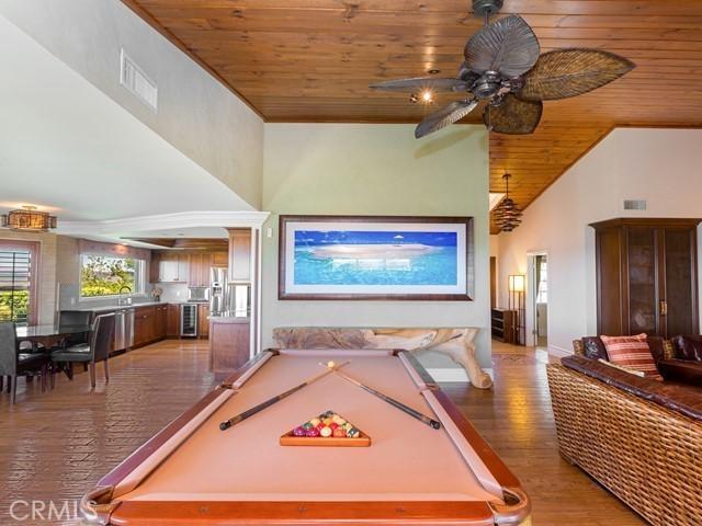 44665 La Cruz Dr, Temecula, CA 92590 - game room featuring wood ceiling, light wood finished floors, a ceiling fan, high vaulted ceiling, and billiards table