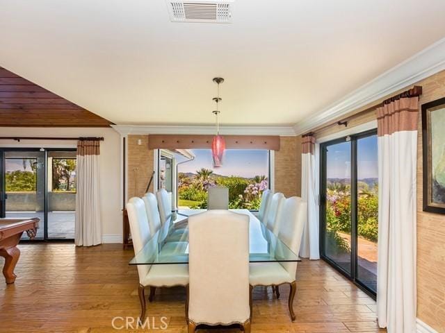 dining space featuring hardwood / wood-style floors, a healthy amount of sunlight, and billiards