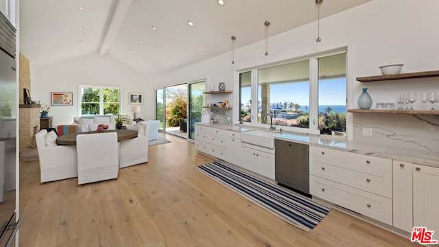 kitchen featuring beam ceiling, sink, dishwasher, light hardwood / wood-style flooring, and white cabinets