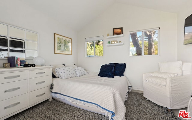 carpeted bedroom with multiple windows and lofted ceiling