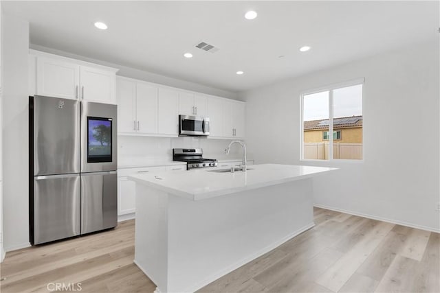 kitchen with appliances with stainless steel finishes, white cabinets, and a center island with sink