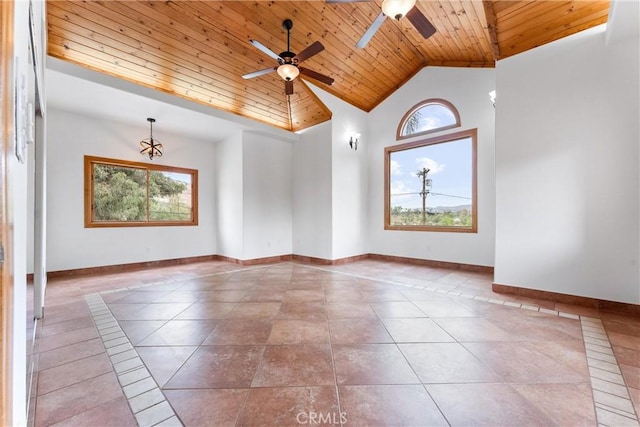 tiled spare room featuring lofted ceiling, ceiling fan, and wooden ceiling