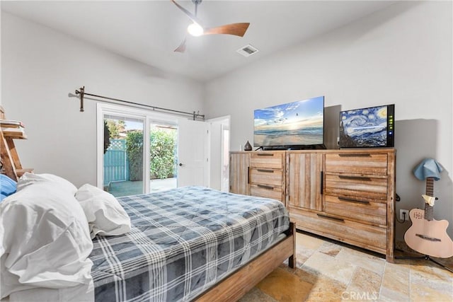 bedroom featuring ceiling fan and access to exterior