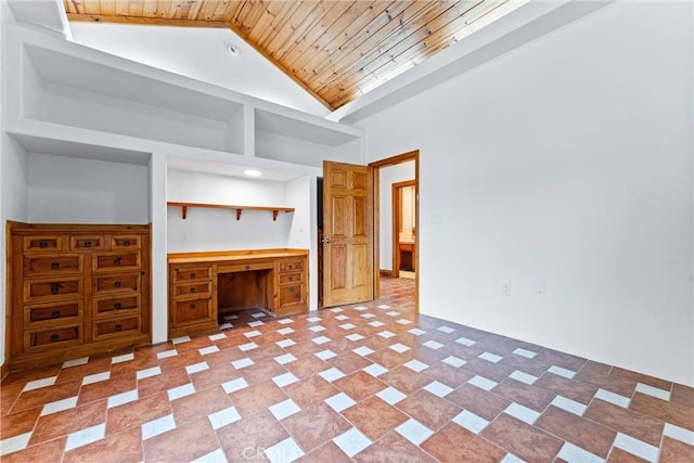unfurnished living room with high vaulted ceiling, built in desk, and wood ceiling