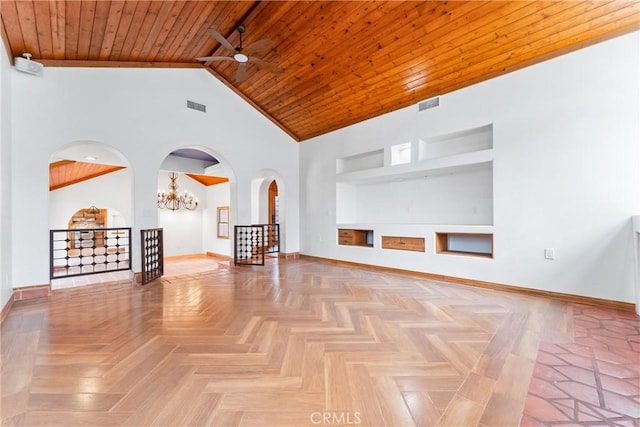 unfurnished living room with built in features, ceiling fan with notable chandelier, high vaulted ceiling, and wood ceiling