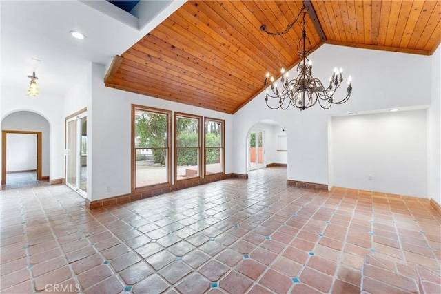 unfurnished living room with a chandelier, tile patterned floors, high vaulted ceiling, and wood ceiling