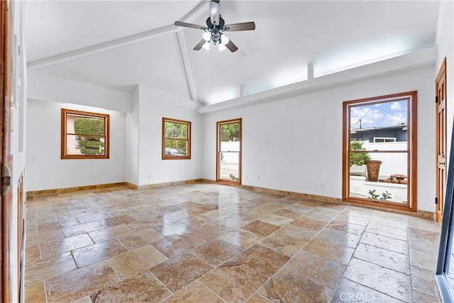 unfurnished room featuring beam ceiling, high vaulted ceiling, and ceiling fan