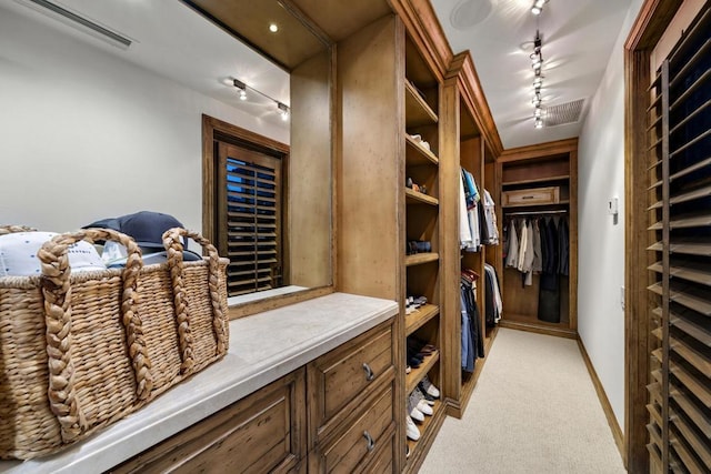 walk in closet with light carpet