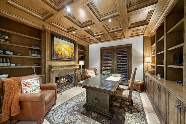 tiled home office featuring built in shelves, crown molding, beamed ceiling, and coffered ceiling