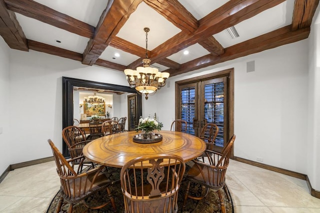 tiled dining room with a notable chandelier, beam ceiling, french doors, and coffered ceiling