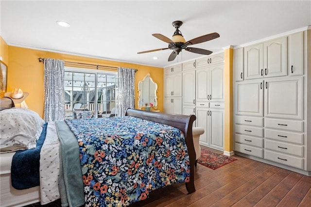 bedroom with hardwood / wood-style flooring, ceiling fan, ornamental molding, and a closet