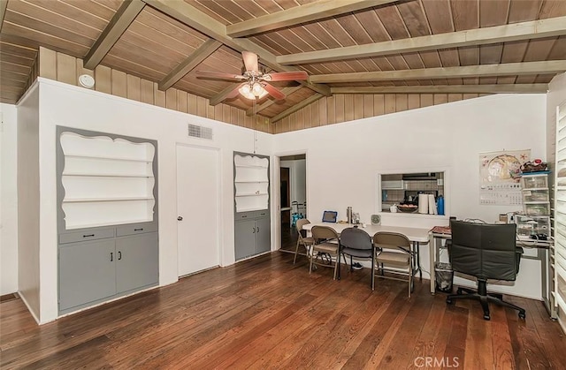 office area featuring built in shelves, ceiling fan, wooden ceiling, dark hardwood / wood-style flooring, and lofted ceiling with beams