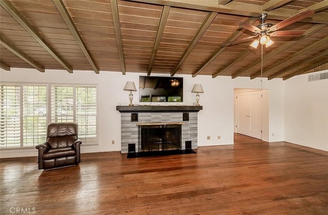 unfurnished living room featuring a fireplace, lofted ceiling with beams, hardwood / wood-style floors, and wood ceiling