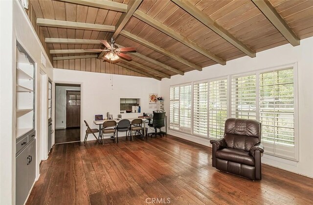 living area with a healthy amount of sunlight, ceiling fan, and dark wood-type flooring