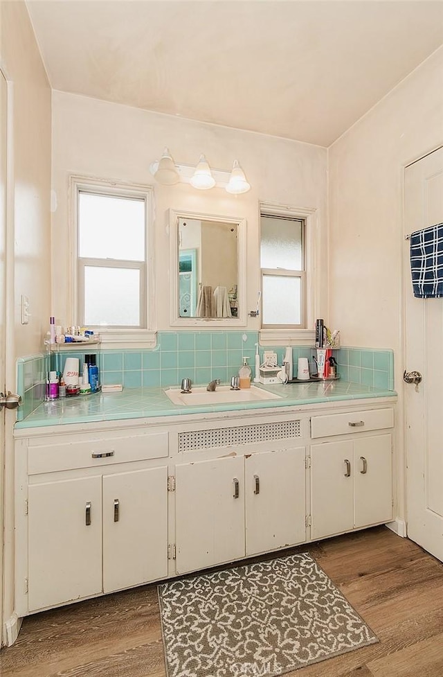 bathroom featuring vanity, wood-type flooring, and backsplash