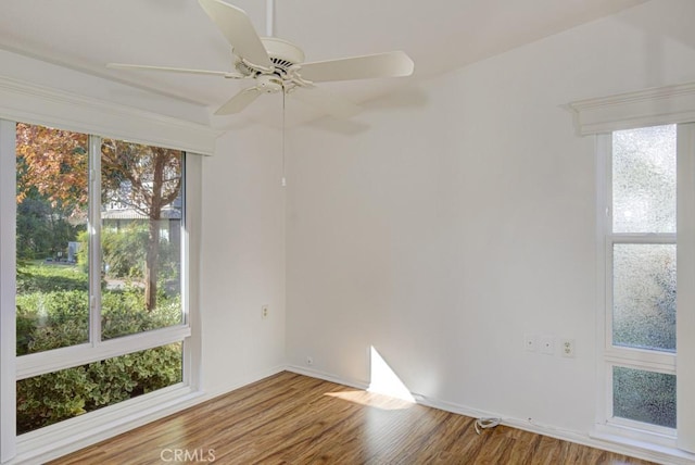 empty room featuring hardwood / wood-style floors, ceiling fan, and a wealth of natural light