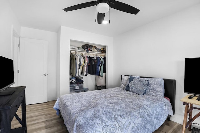 bedroom featuring ceiling fan, a closet, and wood-type flooring