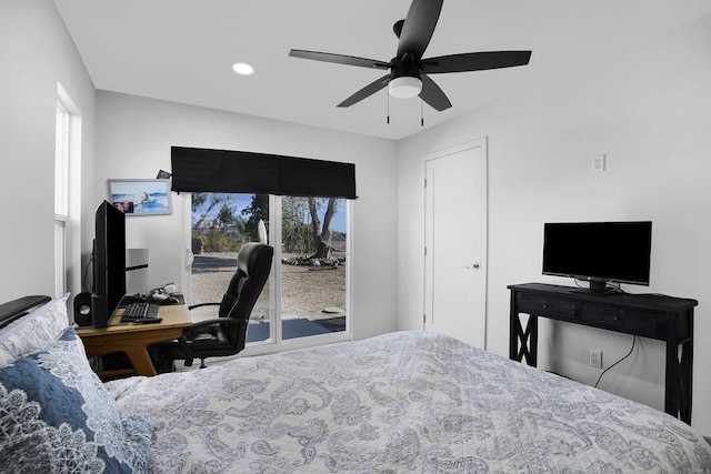 bedroom with ceiling fan and access to exterior