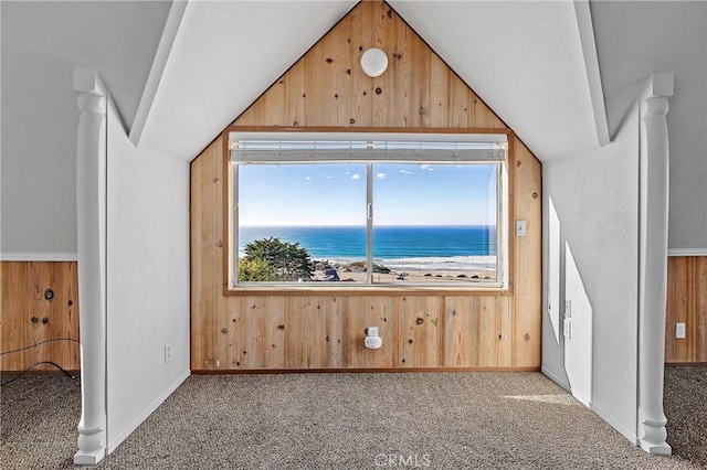 additional living space featuring light colored carpet, wood walls, a water view, and vaulted ceiling