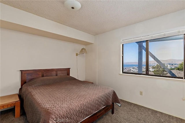 bedroom featuring a mountain view, a textured ceiling, and carpet floors