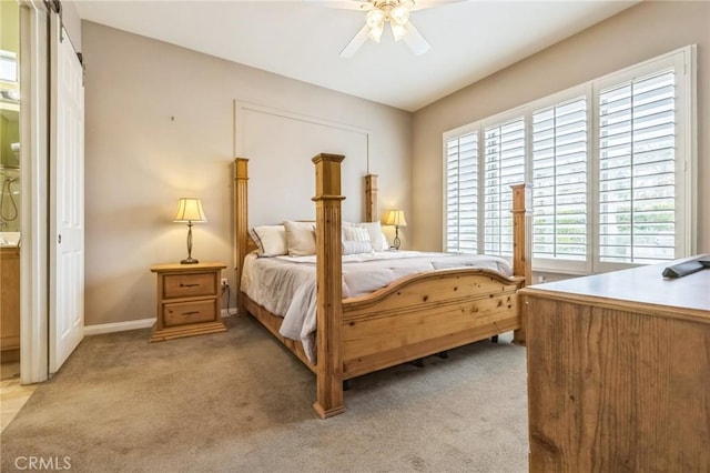 carpeted bedroom with multiple windows and ceiling fan