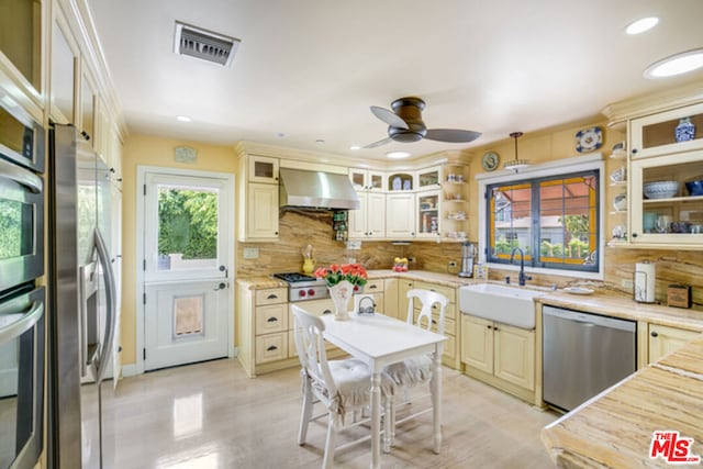 kitchen featuring ceiling fan, exhaust hood, backsplash, sink, and stainless steel appliances