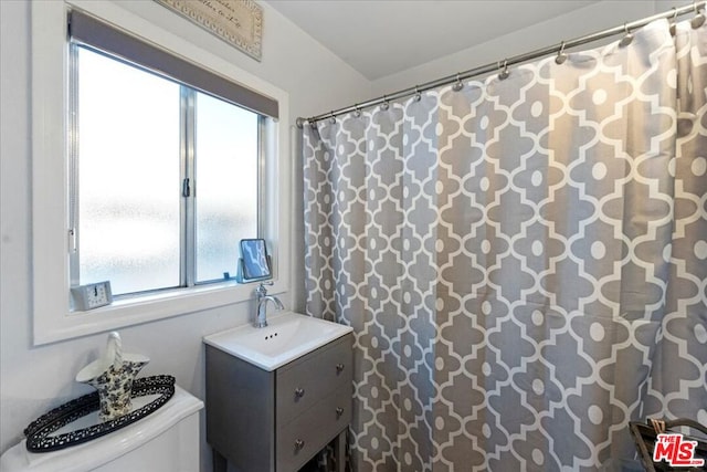 bathroom with toilet, vanity, and plenty of natural light