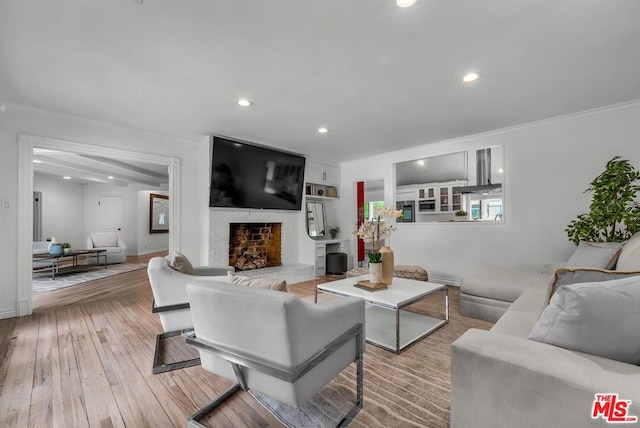 living room featuring a large fireplace, light hardwood / wood-style floors, and ornamental molding