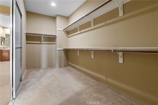 walk in closet with light colored carpet