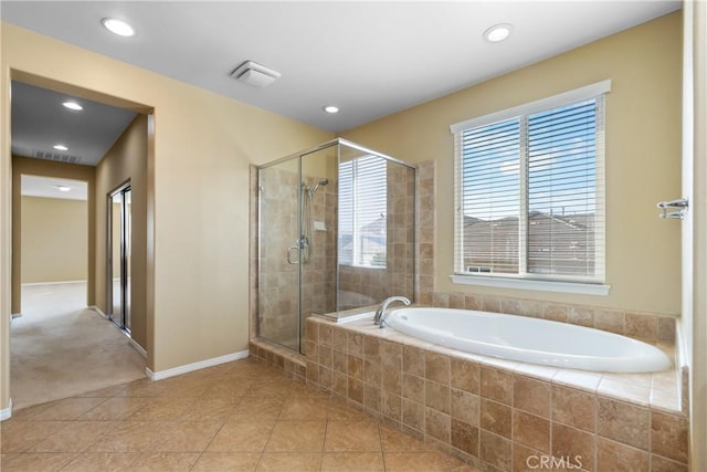 full bath with a garden tub, a shower stall, tile patterned flooring, and recessed lighting