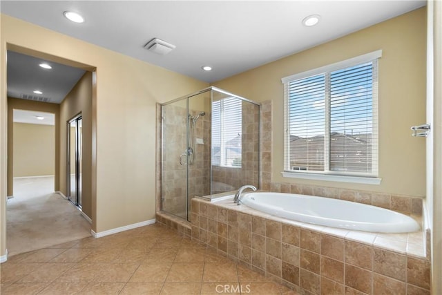 full bath featuring recessed lighting, a garden tub, tile patterned flooring, and a shower stall