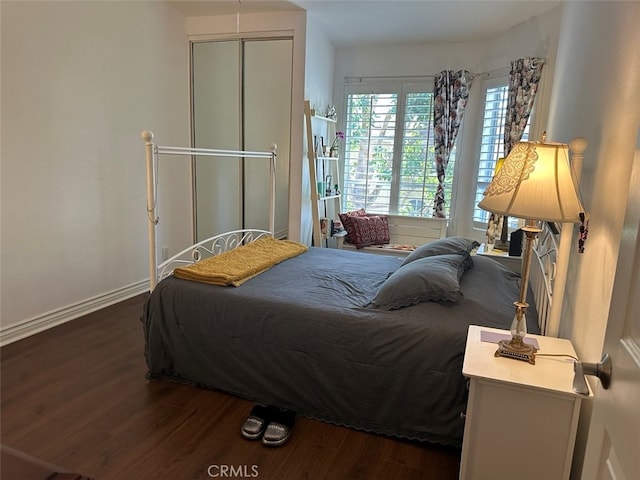 bedroom featuring dark hardwood / wood-style floors and a closet