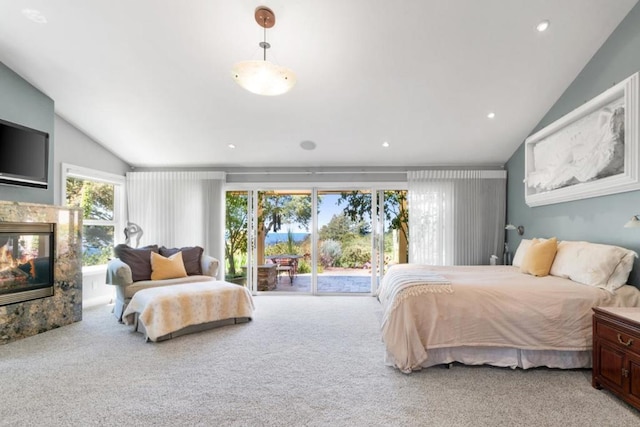 bedroom featuring a multi sided fireplace, access to exterior, light colored carpet, and lofted ceiling