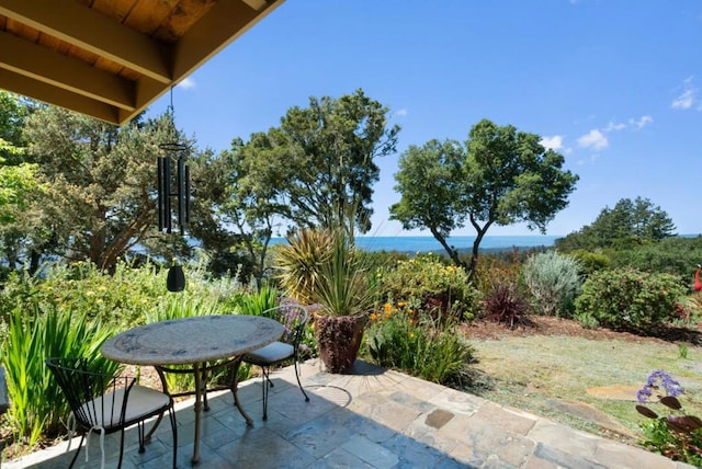 view of patio featuring a water view