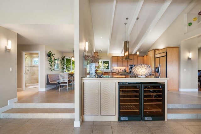 kitchen featuring beverage cooler, paneled refrigerator, vaulted ceiling with beams, island range hood, and light tile patterned flooring