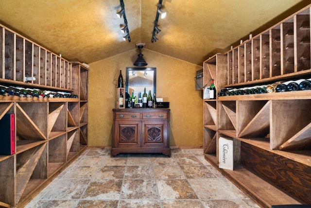 wine cellar with track lighting and lofted ceiling